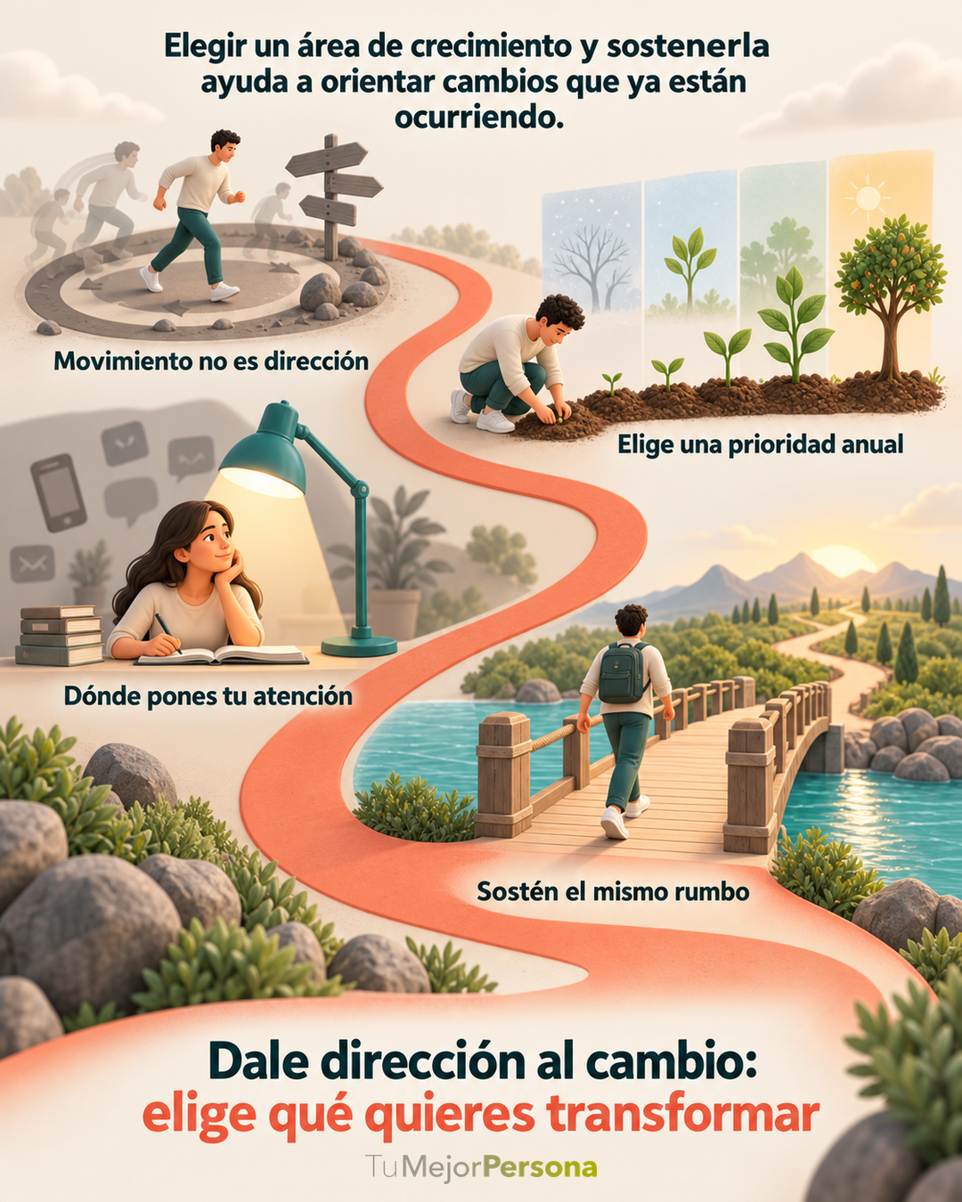 Camino coral que une movimiento, cultivo, atención y continuidad. Texto: Elegir un área de crecimiento y sostenerla ayuda a orientar cambios que ya están ocurriendo. Movimiento no es dirección Elige una prioridad anual Dónde pones tu atención Sostén el mismo rumbo Dale dirección al cambio: elige qué quieres transformar