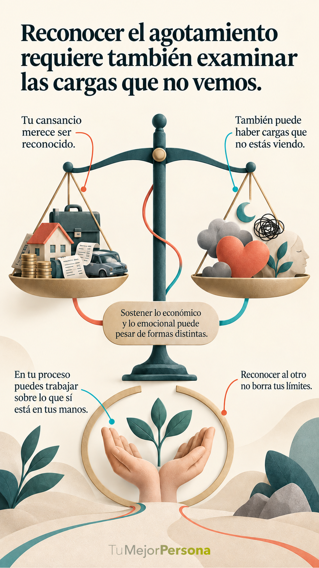Infografía para artículo de Tu Mejor Persona. Texto: Reconocer el agotamiento requiere también examinar las cargas que no vemos. Tu cansancio merece ser reconocido. También puede haber cargas que no estás viendo. Sostener lo económico y lo emocional puede pesar de formas distintas. En tu proceso puedes trabajar sobre lo que sí está en tus manos. Reconocer al otro no borra tus límites.