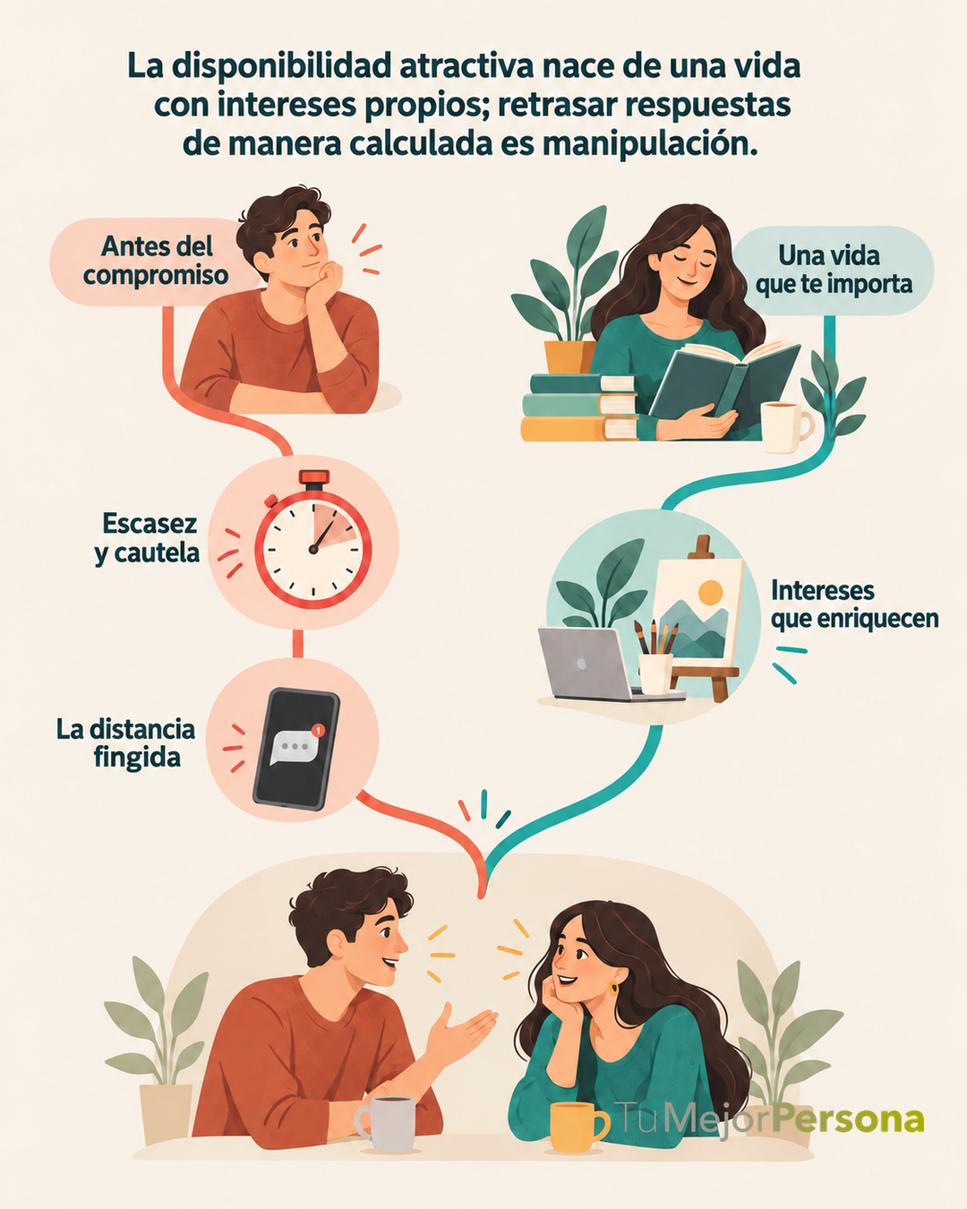 Dos recorridos que contrastan espera calculada y vida propia. Texto visible: La disponibilidad atractiva nace de una vida con intereses propios; retrasar respuestas de manera calculada es manipulación. Antes del compromiso Escasez y cautela La distancia fingida Una vida que te importa Intereses que enriquecen.