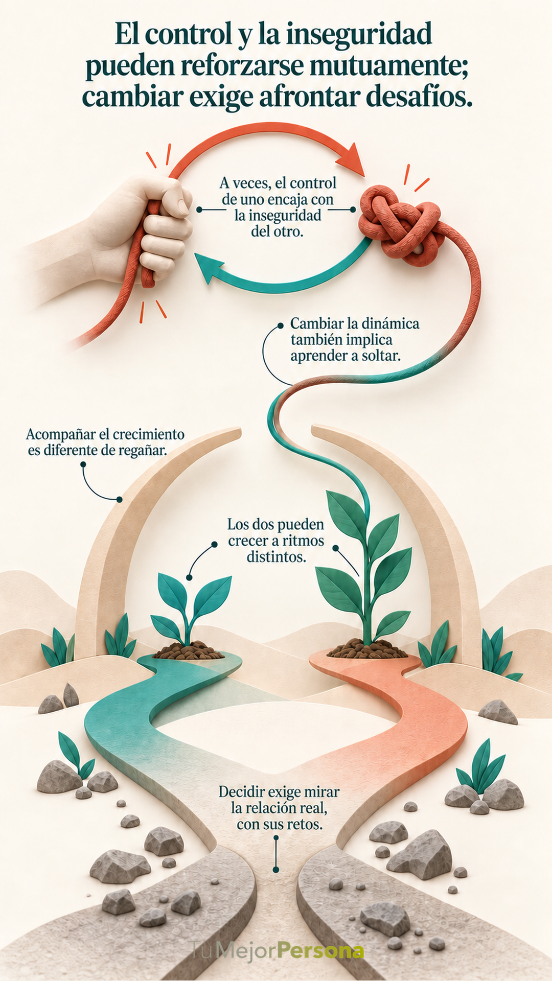 Infografía para artículo de Tu Mejor Persona. Texto: El control y la inseguridad pueden reforzarse mutuamente; cambiar exige afrontar desafíos. A veces, el control de uno encaja con la inseguridad del otro. Cambiar la dinámica también implica aprender a soltar. Los dos pueden crecer a ritmos distintos. Acompañar el crecimiento es diferente de regañar. Decidir exige mirar la relación real, con sus retos.