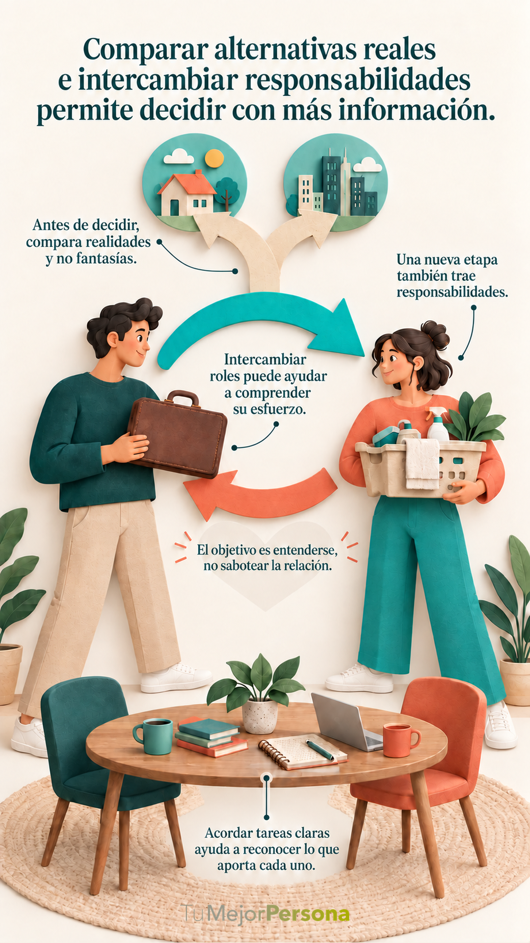 Infografía para artículo de Tu Mejor Persona. Texto: Comparar alternativas reales e intercambiar responsabilidades permite decidir con más información. Antes de decidir, compara realidades y no fantasías. Una nueva etapa también trae responsabilidades. Intercambiar roles puede ayudar a comprender su esfuerzo. El objetivo es entenderse, no sabotear la relación. Acordar tareas claras ayuda a reconocer lo que aporta cada uno.